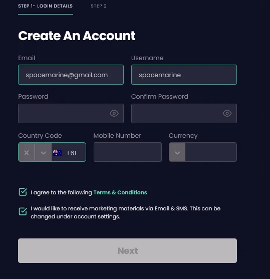 Registration form at Stellar Spins casino